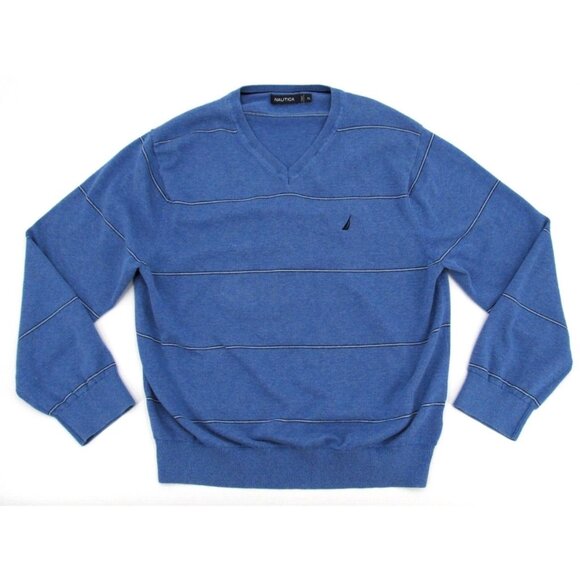Nautica Sweater Mens XL Blue Striped Long Sleeve V-Neck Pullover Casual Preppy - Picture 3 of 11
